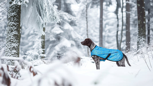 Dog in snow wearing Stunt Puppy Sub Woofer Jacket