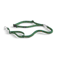 Green dog leash with floral pattern on a white background